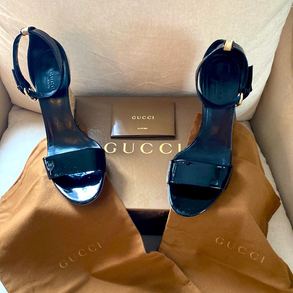 Authentic Gucci 3” Patent Leather Wedge Sandals